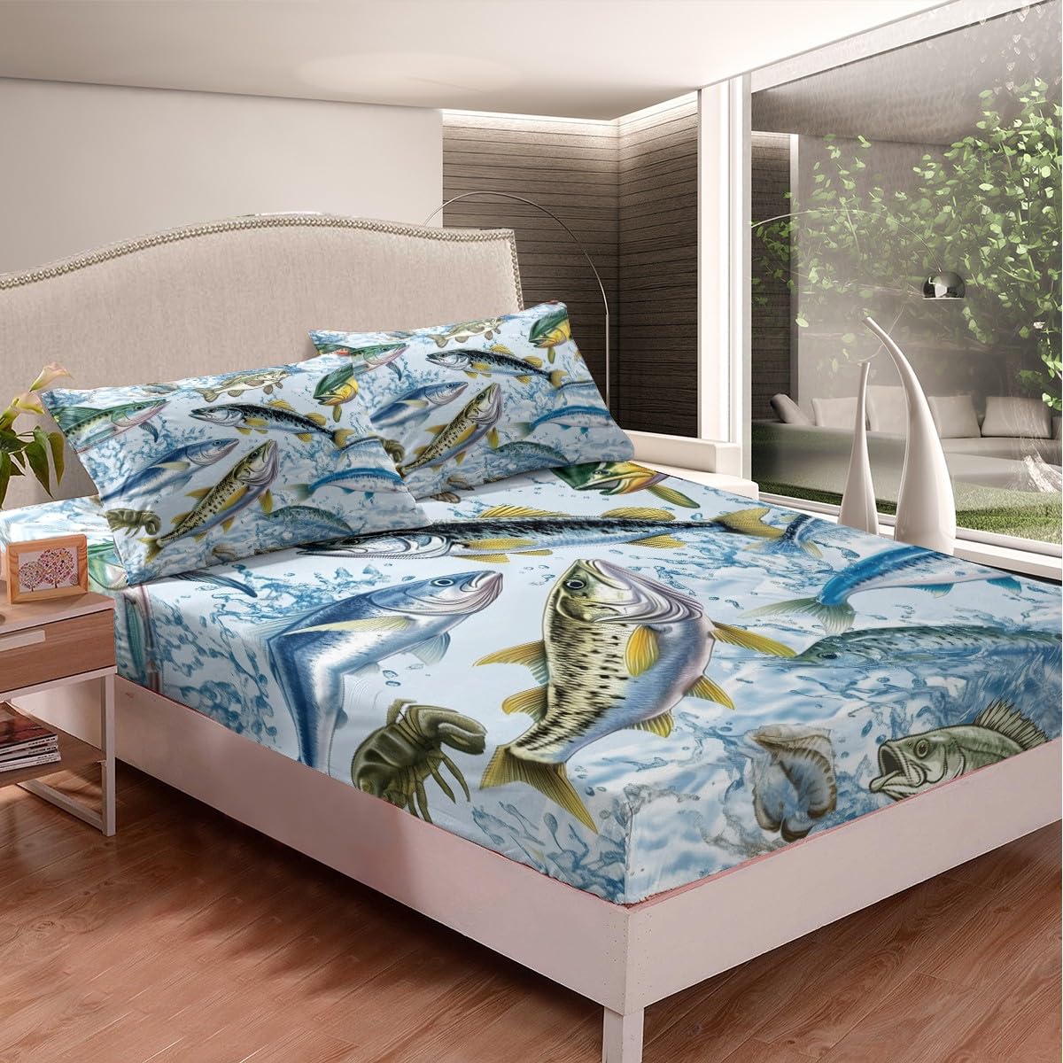 Bass Fish Bedding Sets Twin Size,Fishing Hunting Fitted Sheet 2Pcs for Kids Teens Men Adult Room Decor,3D Fish Animals Bed Sheet Modern Blue Green Deep Pocket Sheet,1 Pillowcase