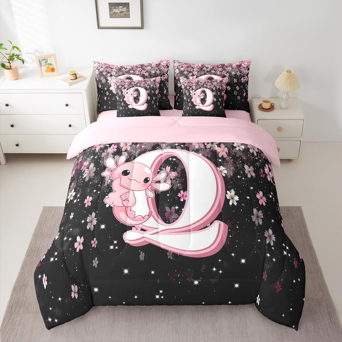 Erosebridal 7 Pieces Cute Letter Initial Q Bed in A Bag Twin Size | Cute Axolotl Comforter Set with Sheets for Kids Girls Teens Pink and White Cherry Blossom Bedding Set Kawaii Axolotl Quilt Sets