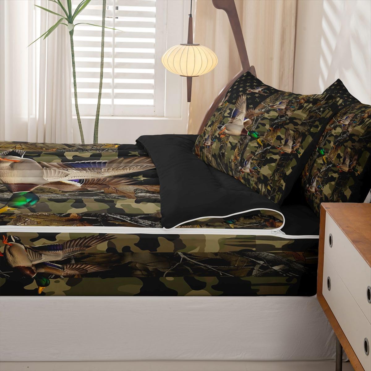 jejeloiu Mallard Duck Hunting Camo Zipper Bedding Sets for Kids Boys Girls Rustic Western Duck Twin Comforter Set with Fitted Sheet American Flag Bedroom Decor Microfiber with 2 Pillow Cases