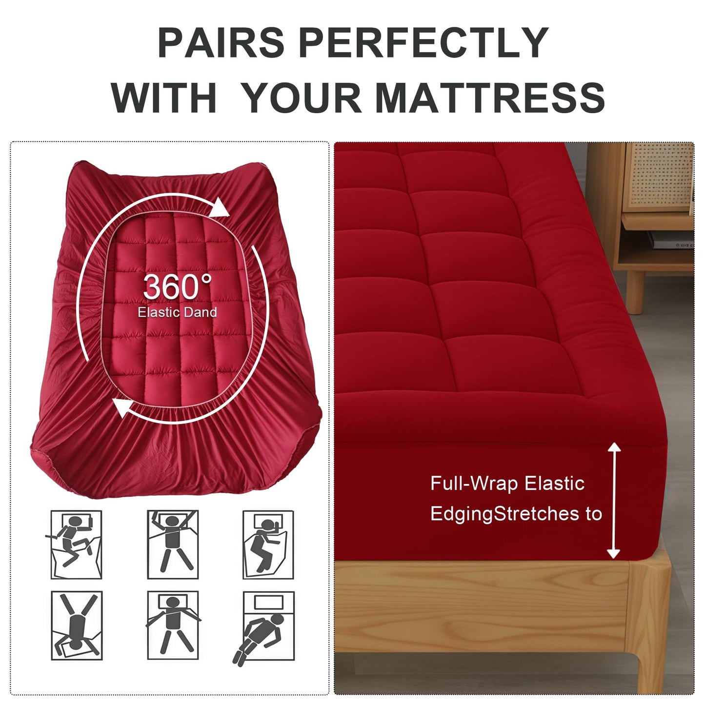 WQSPRING Quilted Mattress Pad Pillow Top Mattress Cover Protector Cooling Soft for Breathable Padded Deep Pocket 8-21 Fitted Supportive(Red,King Size)