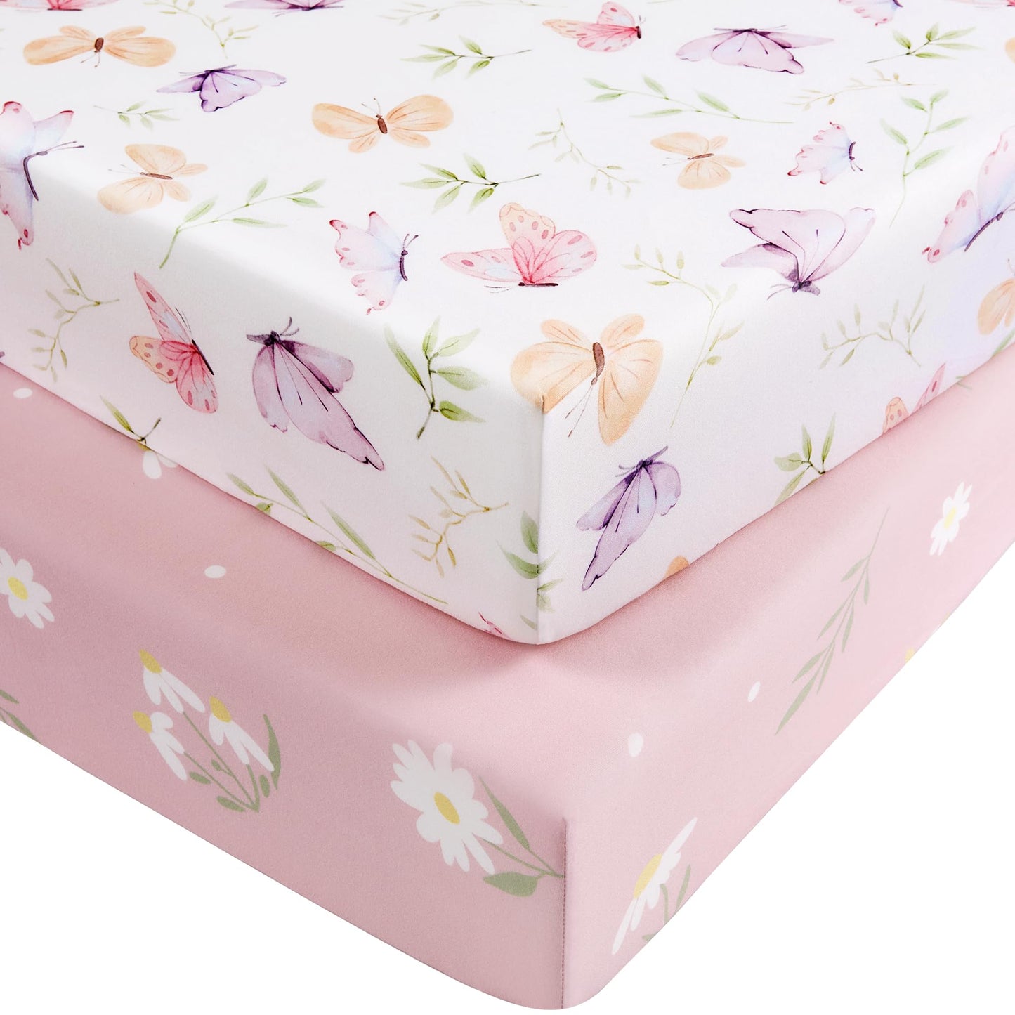 Nyessmee Pack and Play Sheets for Girls, 38" x 26" Mini Crib Sheets Fitted for Pack n Play Mattress, Soft Breathable Playard Sheets, 2-Pack Pink Butterfly