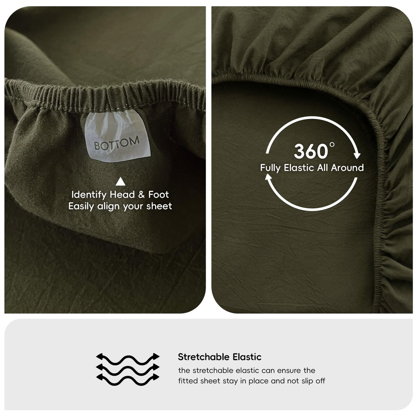 MooMee Fitted Bottom Sheet Only 100% Washed Cotton Linen Like Textured Breathable Durable Soft Comfy Deep Pocket Fits Mattress up to 17" (Olive Green, Queen)