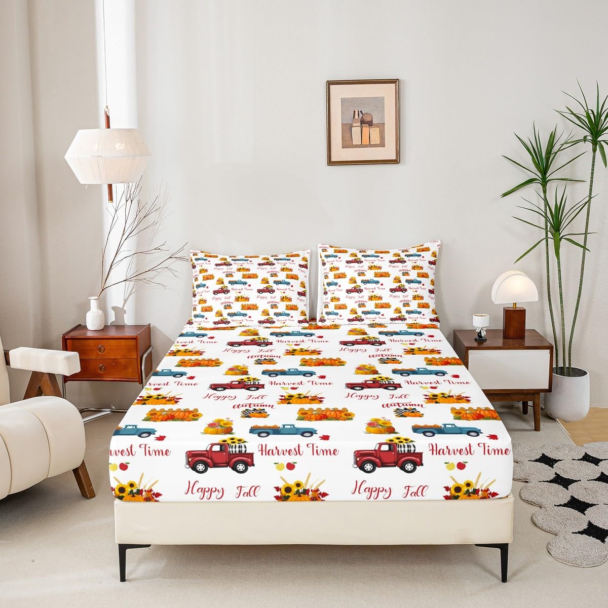 Happy Fall Bedding Set For Kids Queen Plaid Pumpkin Truck Bed Sheets Thanksgiving Harvest Season Sheet Set Autumn Sunflower Harvest Time Fitted Sheet Red Blue Orange Flat Sheet + 2 Pillow Cases