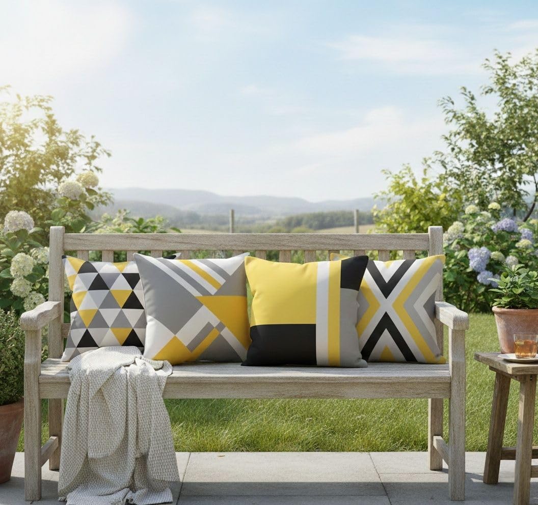 Hopomoon Yellow and Gray Abstract Throw Pillow Covers 18x18 Inch Set of 4,Modern Geometric White Linen Decorative Pillowcases for Couch, Sofa, Living Room, Farmhouse Home Decor