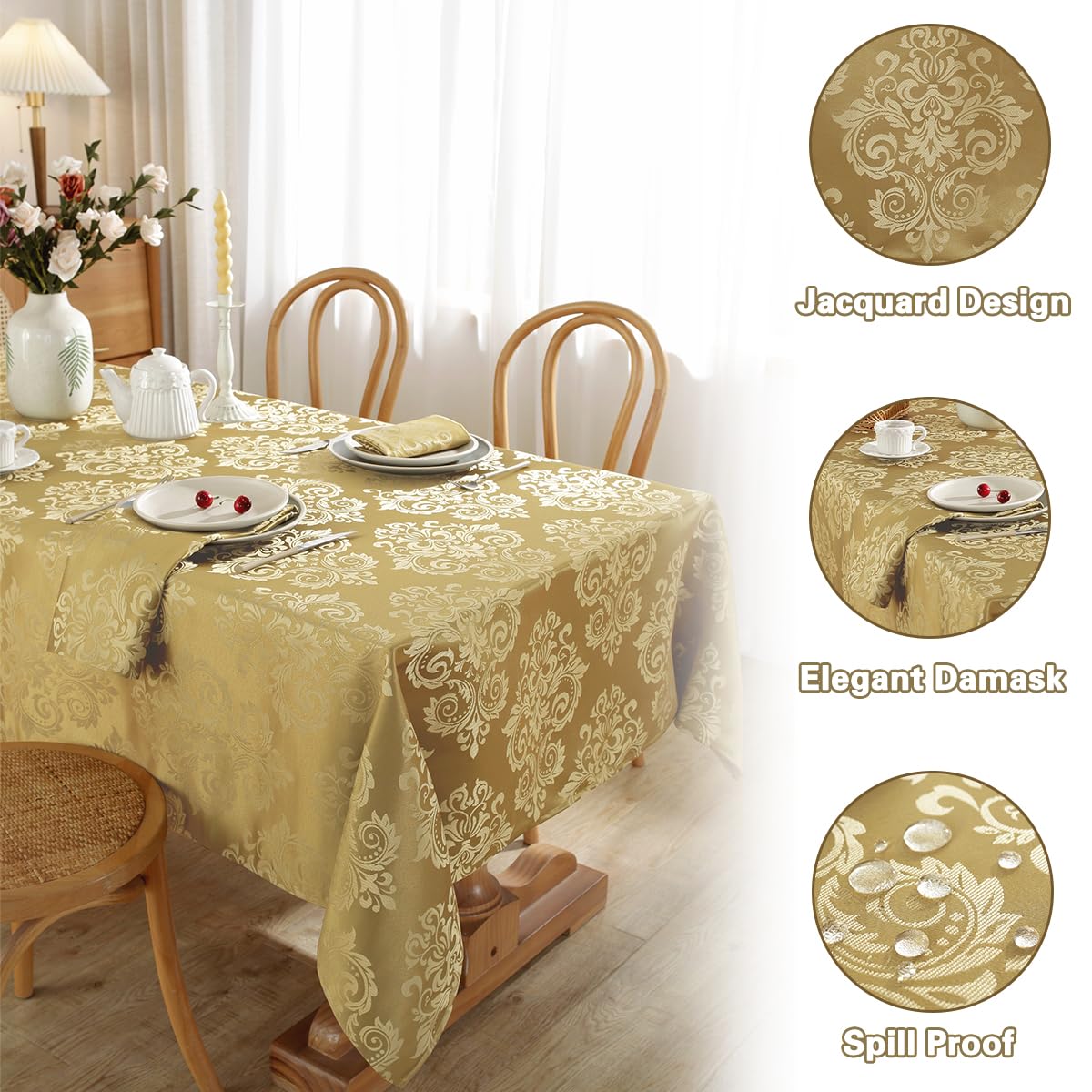 SASTYBALE Damask Gold Tablecloth Rectangle 52 x 70 Inch, Floral Jacquard Spill Proof Washable Polyester Table Cloth, Soft Table Cover for Dining/Party/Wedding/Indoor/Outdoor
