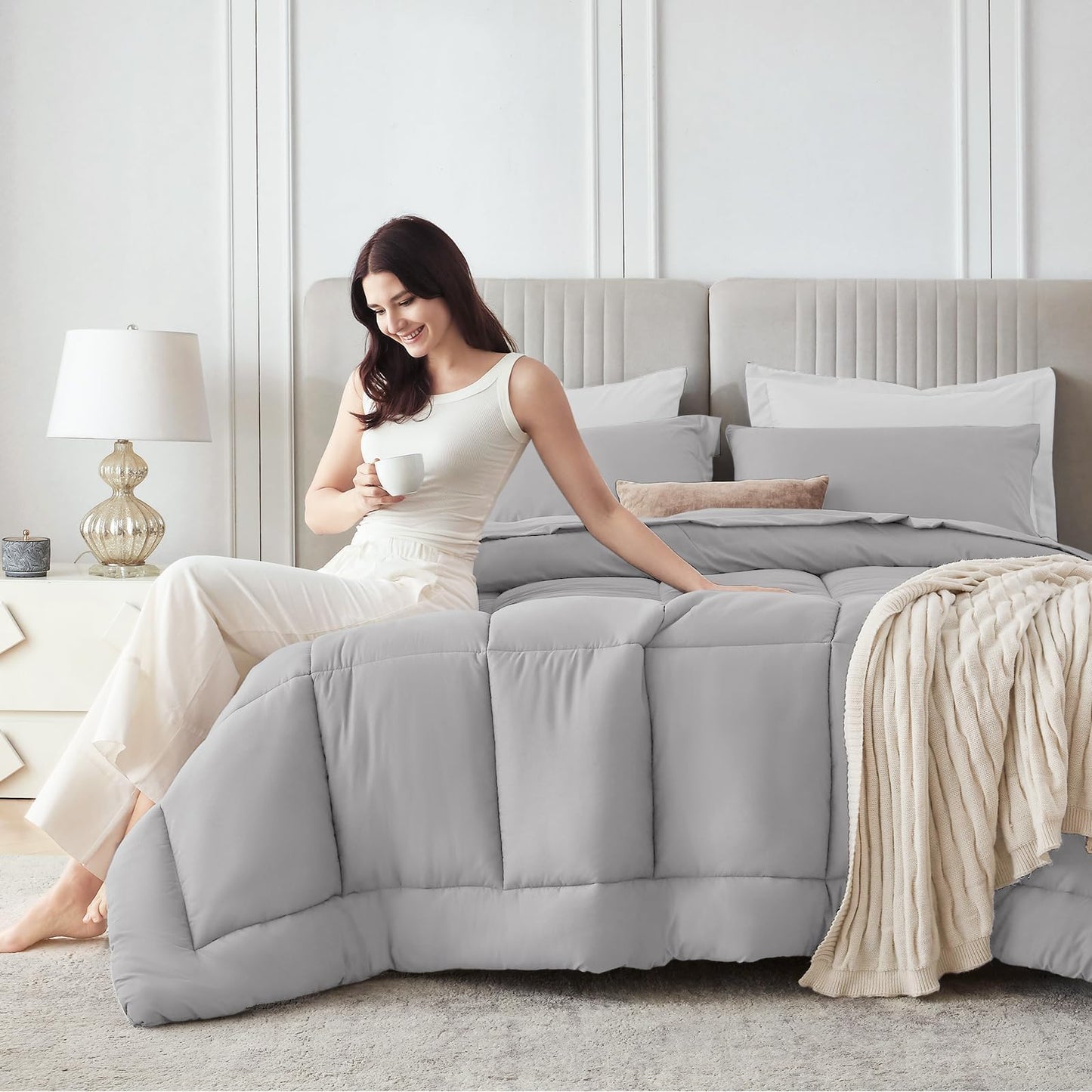 Sasttie Queen Comforter Set, 7 Pieces Bed in a Bag Queen, Complete Bedding Set Includes Comforter, Flat Sheet, Fitted Sheet, Pillowcases and Pillow Shams, Ivory & Light Grey