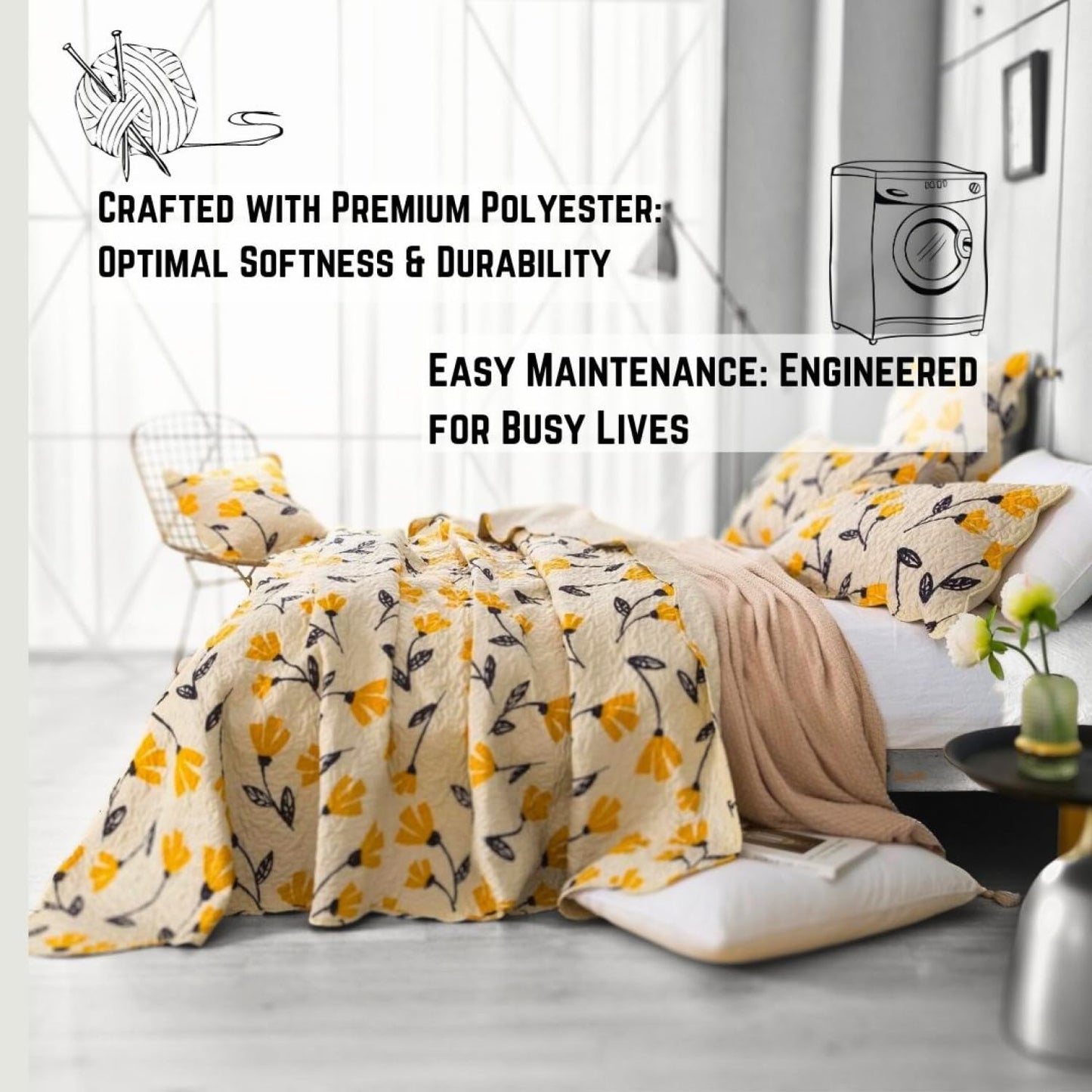 DaDa Bedding Botanical Floral Bedspread Quilt - Yellow Fleur Golden Yellow Spring Time Tulips Quilted Coverlet Set - Scalloped Edges Bright Vibrant Ivory Cream - King Size - 3-Pieces