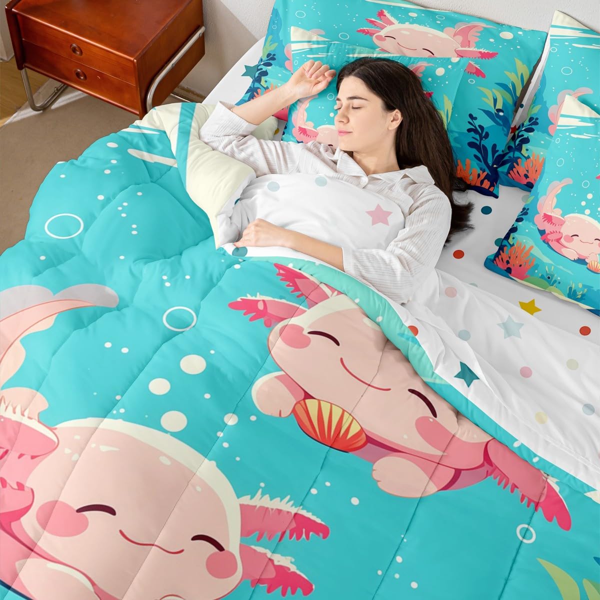 Erosebridal 7 Pieces Kawaii Pink Axolotls Bed in A Bag for Teen Girl - Queen Size Kids Blue Cartoon Ocean Sea Comforter Set with Sheets Girly Cute Animal Bedding Set Axolotls Marine Life Bed Sets