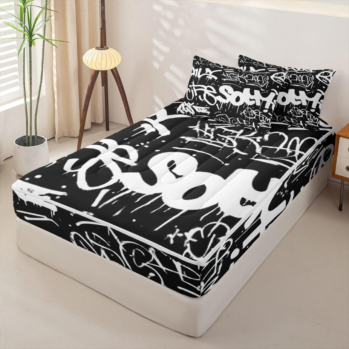 Erosebridal Black and White Graffiti Zipper Comforter | Minimalists Abstarct Twin Bedding for Kids Teens Adults Aesthetic Zipper Bed Set with Sheets Boho Modern Art Bed in a Bag Bedroom Decor