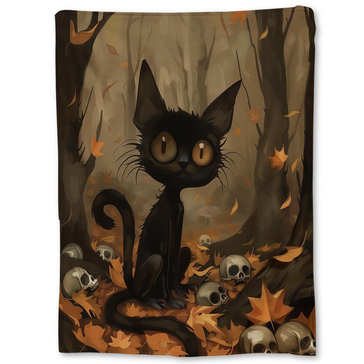 Ti Caldi Eerie Black Cat, Skulls & Autumn Forest Blanket | Soft Warm Fuzzy Lightweight Flannel Throw for Couch, Bed, Halloween Decor, Travel & Outdoor, Cozy Blankets for Adults Women Men 60×50 in