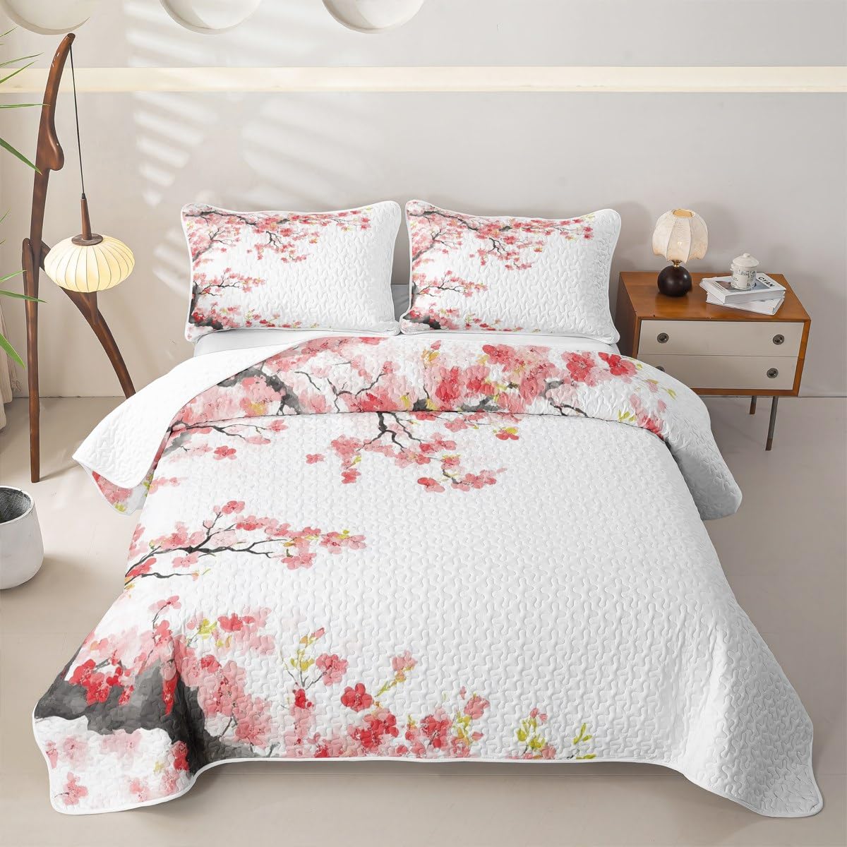 Erosebridal Cherry Blossoms Quilt Japanese Style Quilt Set Full Pink Flowers Bedding Coverlet Branches Plant Floral Bedspread