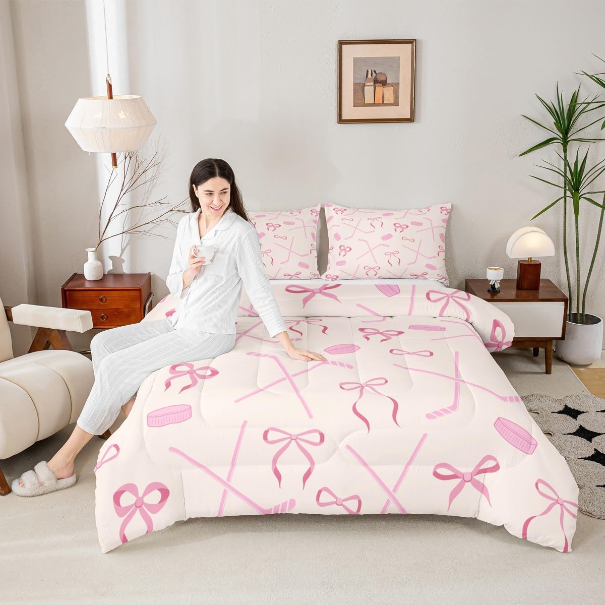 Castle Fairy Ice Hockey Full Bedding Set for Kids Adults,Girls Pink Hockey Stick and Ball Comforter Bed Set,Butterfly Bow Princess Style Quilt Set 3 PCS,Kawaii Girls Woman Duvet Insert,2 Pillow Cases