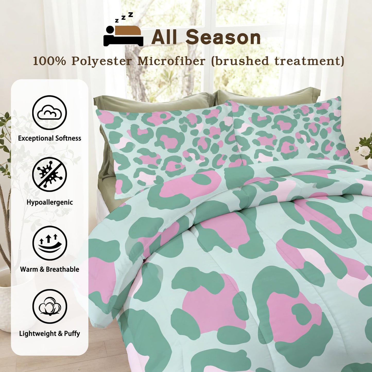 Leopard Print Comforter Set King Size 3Pc, Cheetah Printed Pattern Down Alternative Bed Comforter, 2 Pillow Shams, Soft All Season Bedding, Leopard Print Bedroom Decor