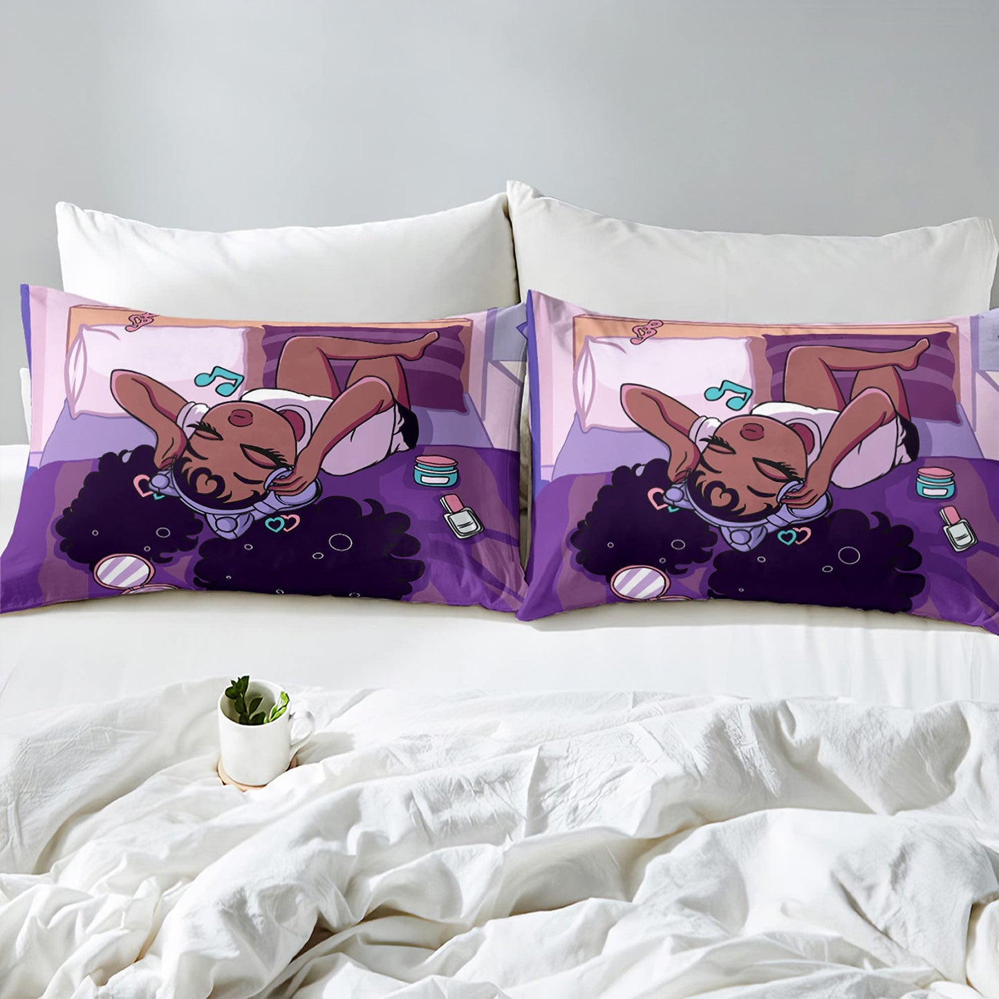 kodhyvj African American Black Girl Comforter Set Twin Size, Black Girls Magic Duvet for Kawaii Bedroom Decor, Girl Love Music Purple Bedding Set with 1 Comforter +1 Pillowcase