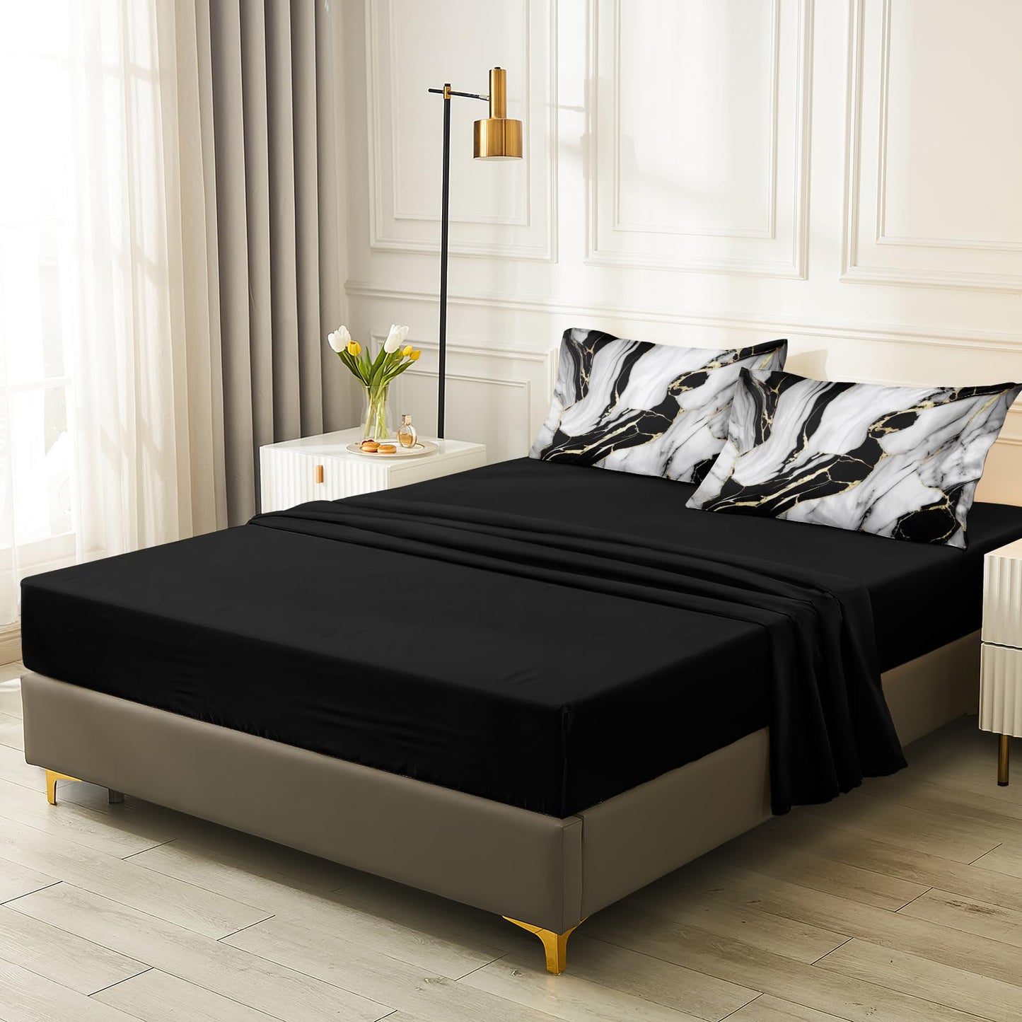 Bedbay Marble Bedding Queen Size Black and Gold Comforter Set 8 Pcs Queen Bed in a Bag Gold Metallic Marble Print Luxury Bedding 1 Comforter 4 Pillowcases 1 Flat Sheet 1 Fitted Sheet 1 Cushion Cover