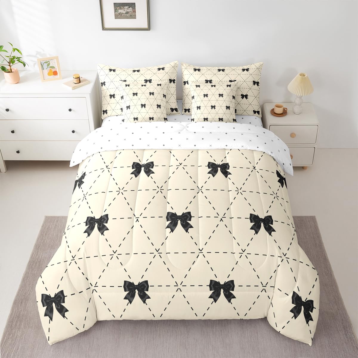 Erosebridal Black Bow 7 Piece Comforter Set King for Kids Bedroom | Modern Bow Tie Bedding Set for Girls Coquette Bows Comforter with Sheets Girly Bowknot Striped Geometric Soft Warm Quilt Duvet