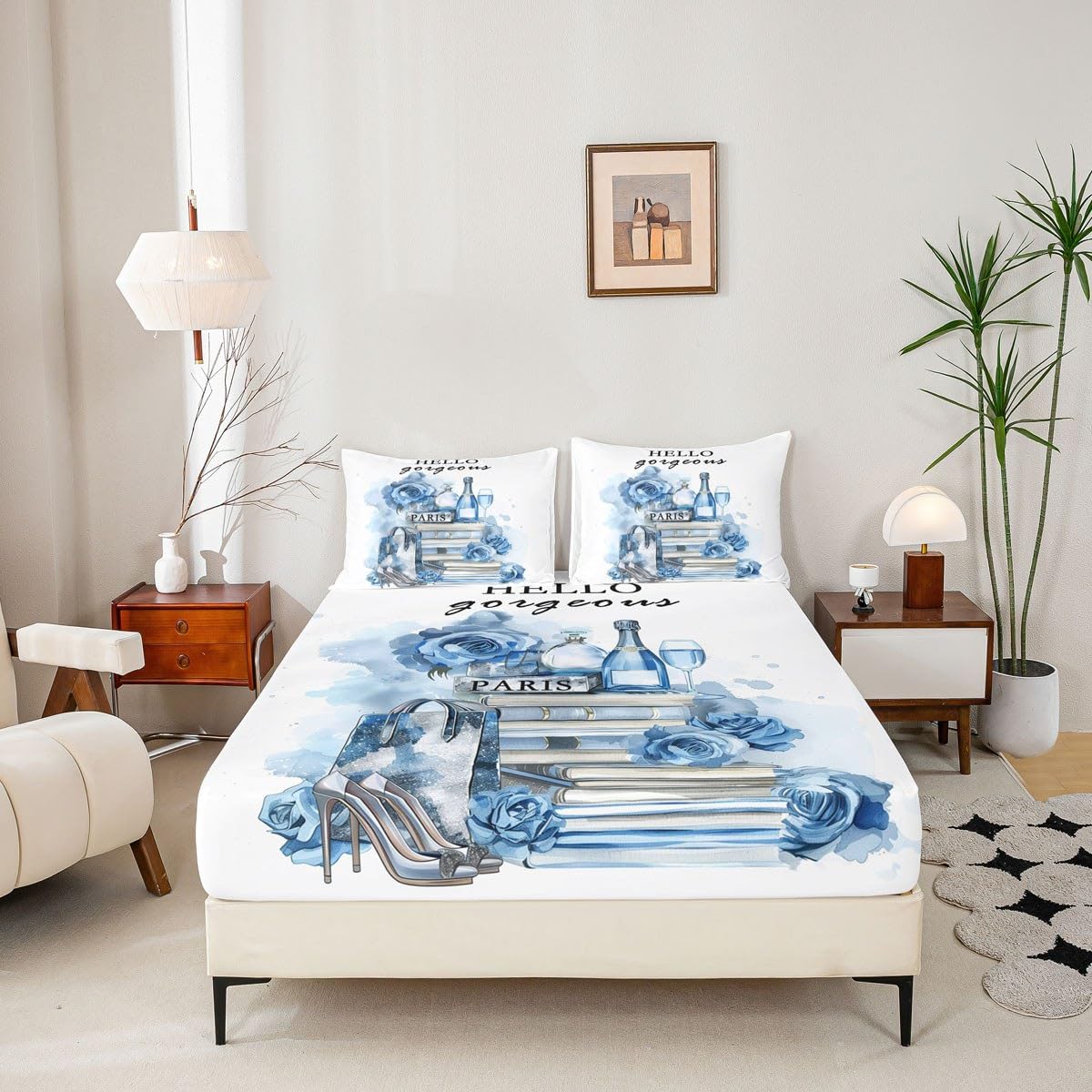 Erosebridal Girly Blue Bed Sheets King Size Silver Fashion Sheets Women Girls Teal Flower Perfume Sheet Set High Heels Champagne Magazine Books Floral Bedding Set Paris Romantic Decor