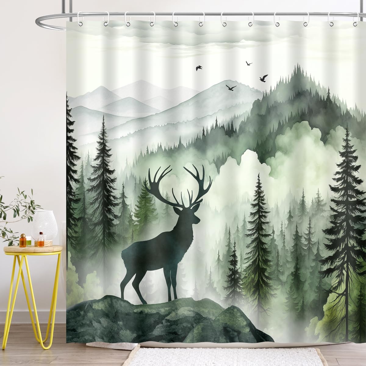 BIYSUC Misty Forest Deer Shower Curtain Nature Mountain Landscape Woodland Animal Bathroom Home Decor Waterproof Polyester Fabric 72Lx72W Inch with Hooks