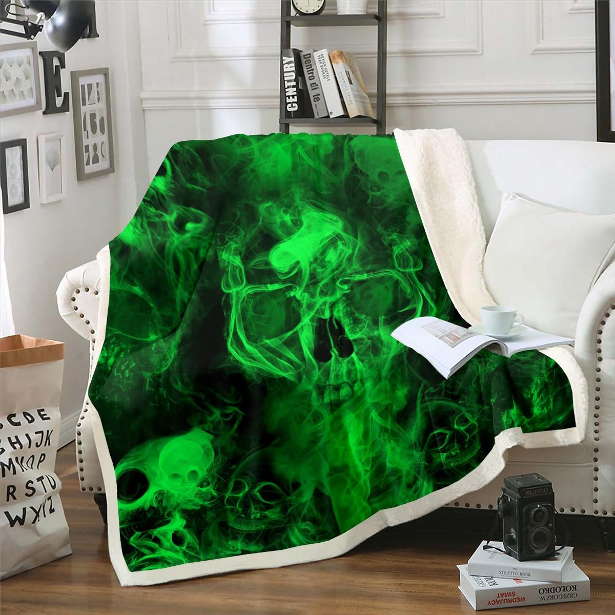 Erosebridal Green Skull Fleece Blanket Throw 50"X60" Gothic Skeleton Throw Blanket for Kids Boys Teens Adults Men Bed Couch,Trippy Psychedelic Smoke Sherpa Blanket Goth Skull Plush Bed Blanket Black