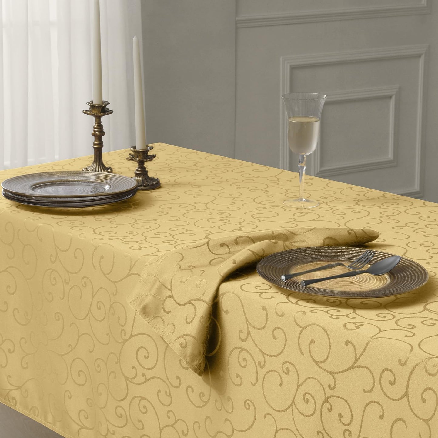 Romanstile Christmas Jacquard Rectangle Tablecloth - Gold Waterproof Damask Curly Floral Pattern Decorative Table Cloth, Heavy Weight Fabric Table Cover for Dining/Party/Holiday - 60 x 104 Inch