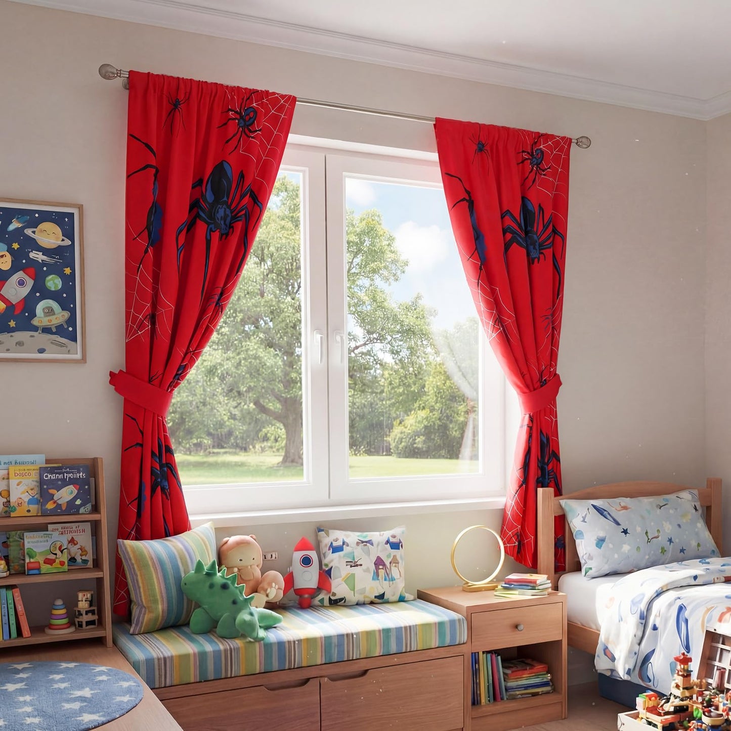 Peryiter Spider Curtain with 2 Tiebacks Bedroom Room Decor 42 x 84 Inch Thermal Insulated Window Drapes Curtain for Bathroom Nursery Home Decoration, 2 Panels