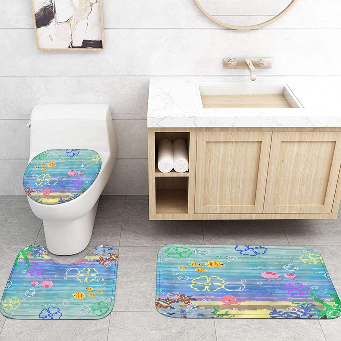 Yddsky 4Pcs Kids Ocean Cartoon Shower Curtain Set with Non-Slip Rugs, Toilet Lid Cover & Bath Mat, Waterproof Underwater Bathroom Decor Sets, Cute Marine Life Bathroom Accessories for Kids Bathroom
