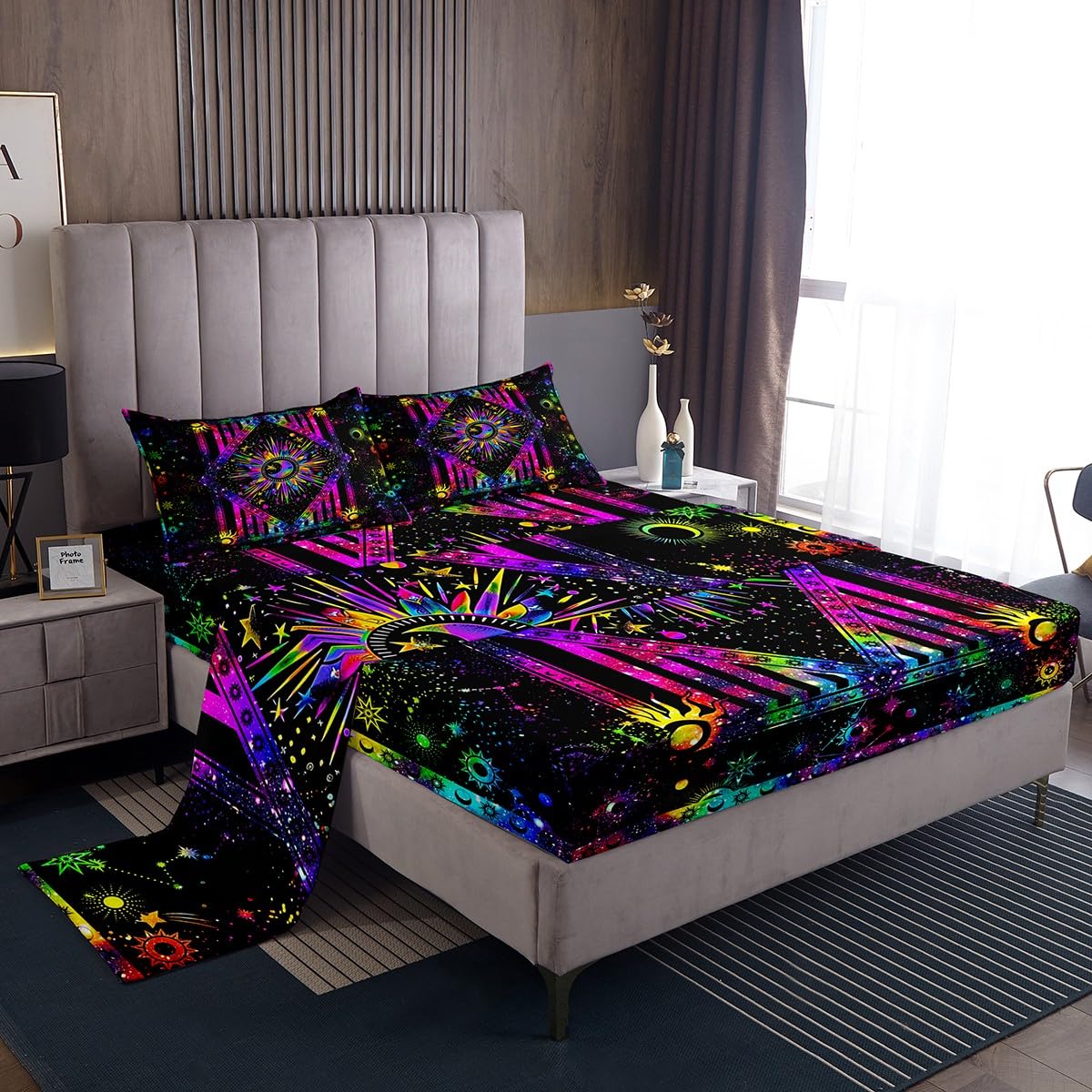 Sun and Moon Sheet Set, Rainbow Tie Dye Bed Sheets Psychedelic Hippie Trippy Galaxy Bedding Aesthetic Celestial Astrology Flat Sheet Cosmic Constellation Zodiac Fitted Sheet, Black Bedroom Decor 4Pcs
