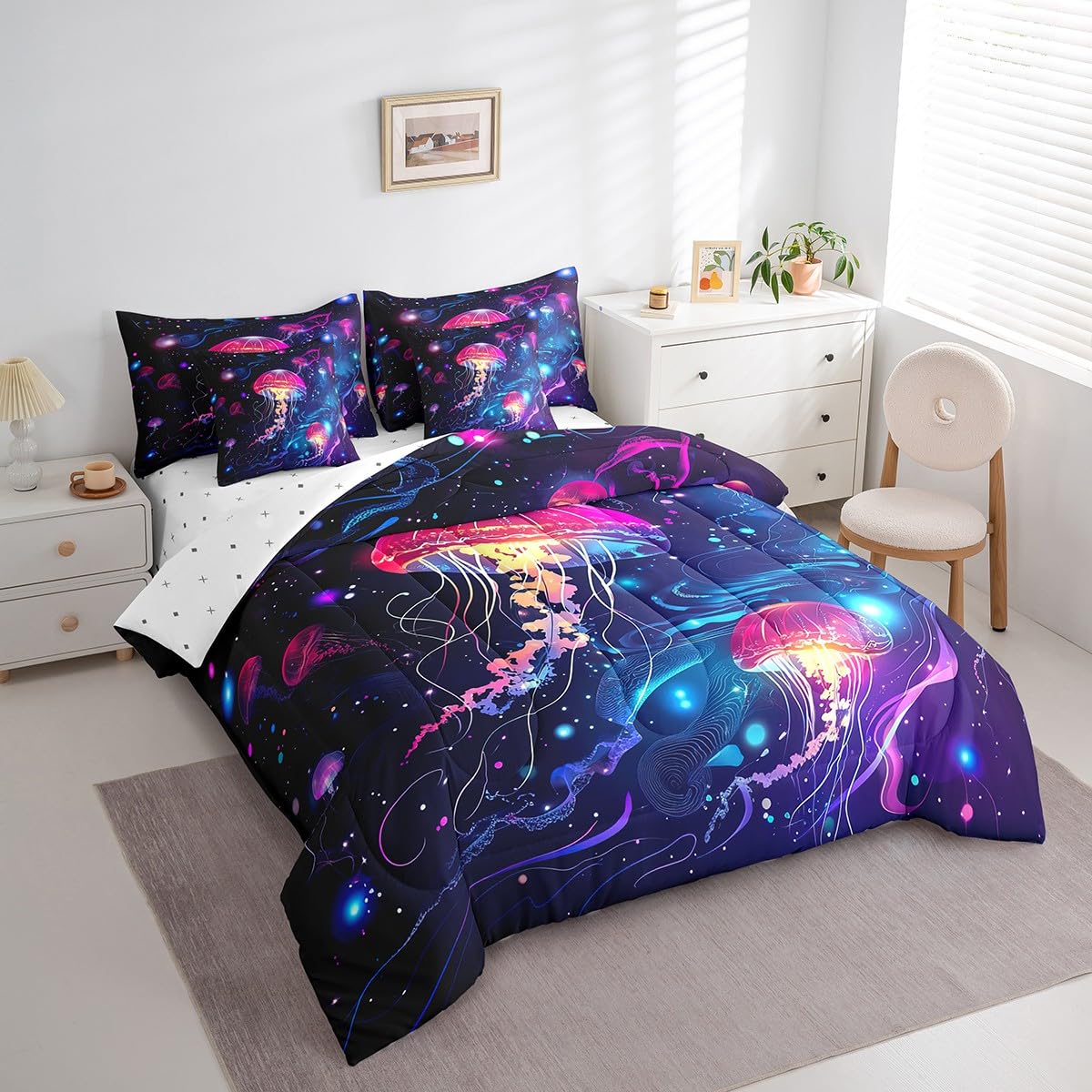 jejeloiu Jellyfish Comforter Set 7 Pieces Full Size Kids Ocean Creature Themed Bed in a Bag for Boys Girls Sea Bedding Set Marine,Comforter + Sheets + Pillowcases + Cushion Covers