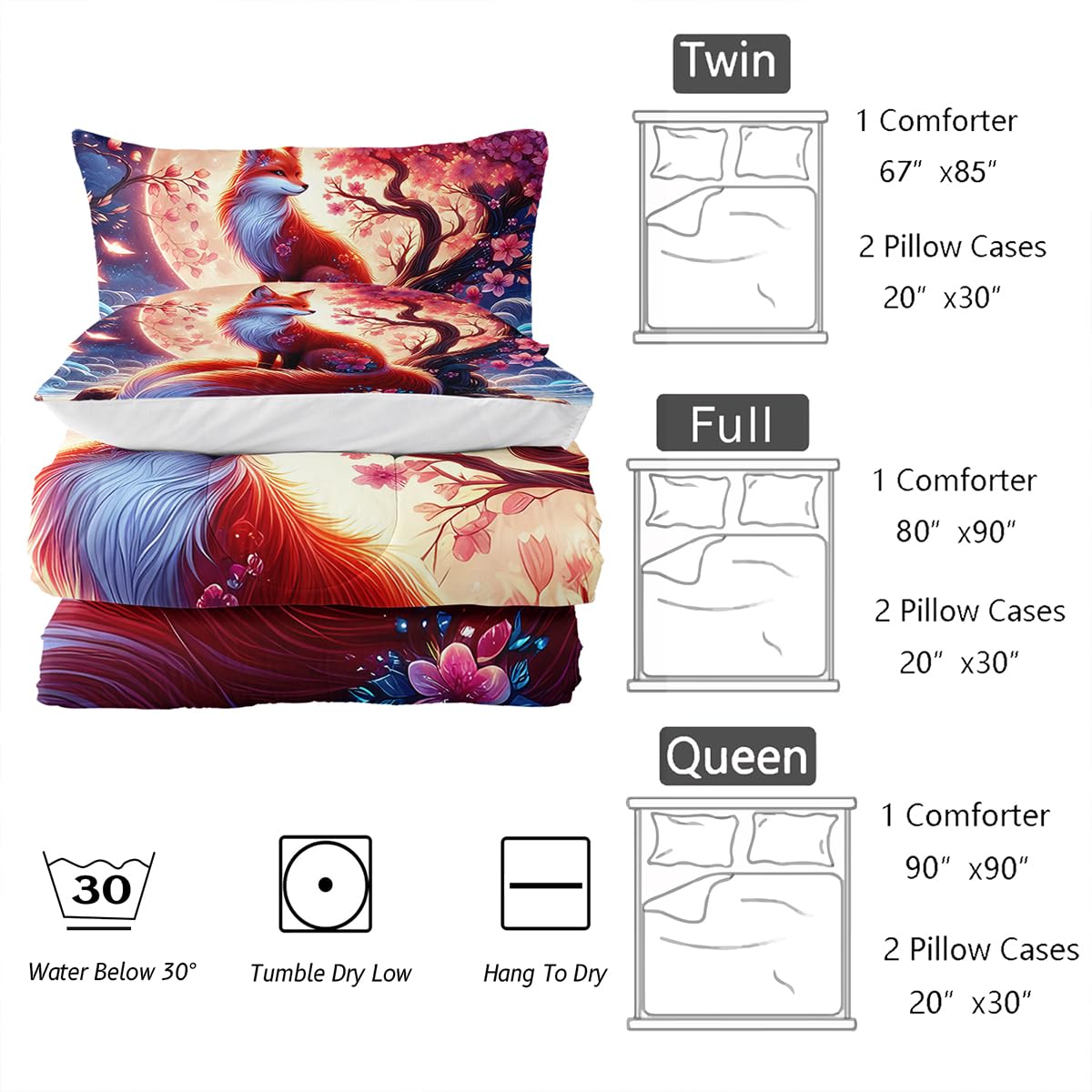 Nttopship Fox Comforter Bedding Set with 2 Pillowcase Full Size Cartoon Fox Sakura Comforter Set for Kids Boys Girls Bedroom Decor