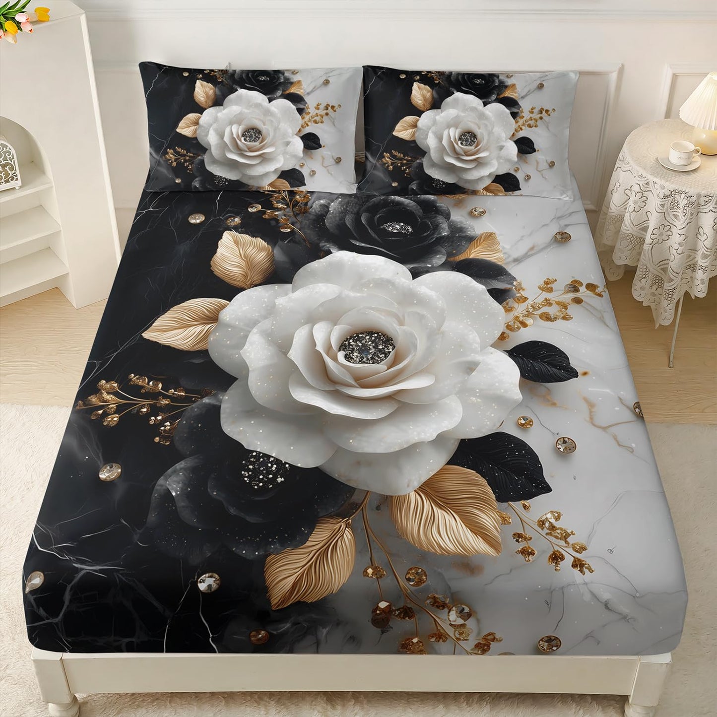 HOSIMA Floral Twin Bedding Sets for Women,Black White Marble Grain Ink Fluid Art Fitted Sheet for Girls Room Decor,Golden Leaves Pattern Lightweight Floral Bedding,1 Fitted Sheet+2 Pillowcases.