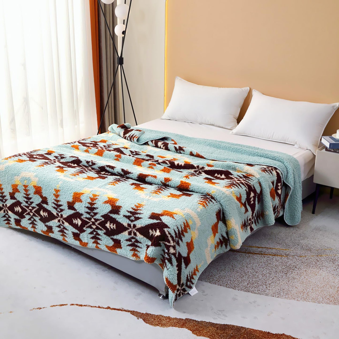 UKELER Boho Sherpa Fleece Blanket 90'' × 112'', Ultra Soft Aztec King Szie Bed Blankets for All Season, Cozy, Plush, Bohemian Throw Blanket for Bed/Couch/Sofa/Office/Camping