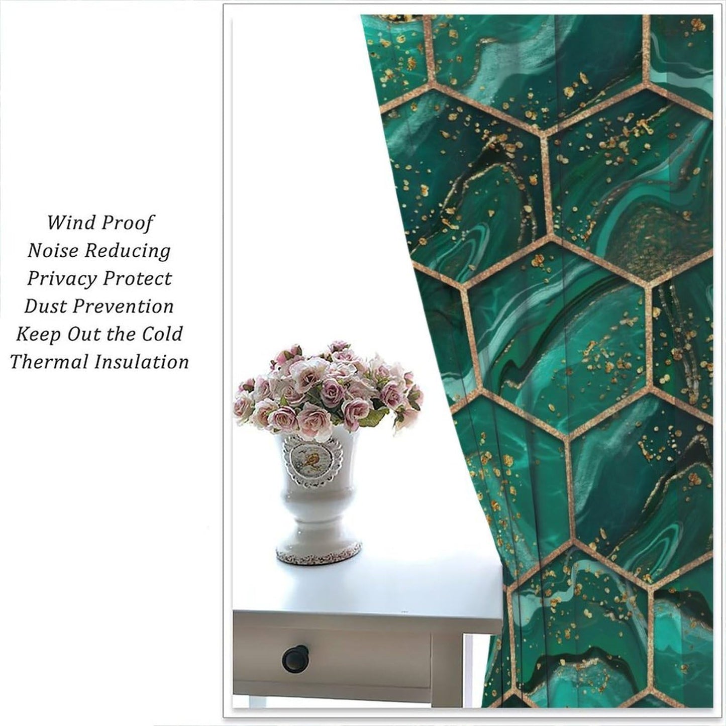 BPANAOAD Green Hexagon Marble Blackout Curtains 2 Panels, Gold Foil Print Luxury Modern Geometric Grommet Drapes, Thermal Insulated Room Darkening Window Treatments for Living Room Bedroom 42x44 Inch