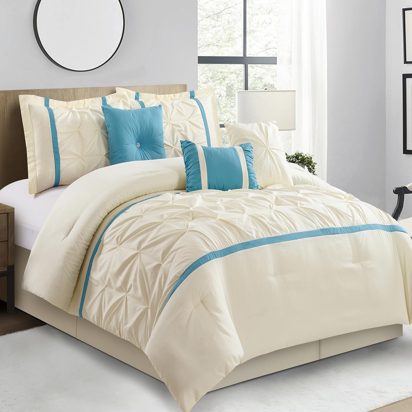 LANCO MODERN LIFESTYLE Beige Blue Comforter Set, King, 7 Piece Bed in a Bag, Microfiber Handcrafted Pintucking, All Season Bedding Set with Comforter, Bedskirt, Pillow Shams and Decro Pillows