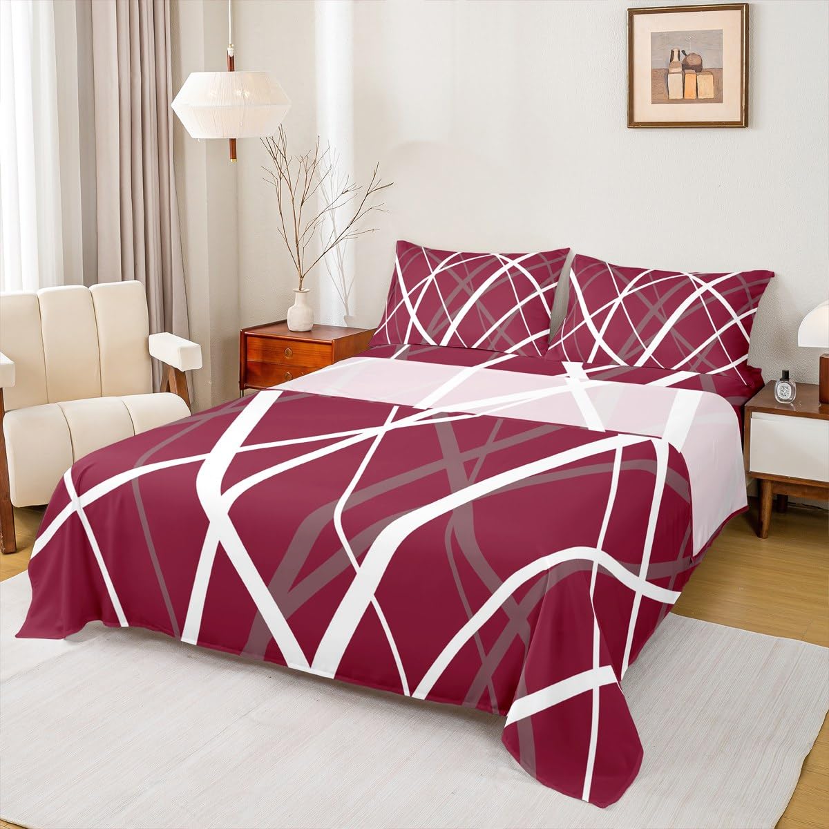 jejeloiu Kids Sheet Set Queen Size, Brown Bed Sheets Set Boys Girls Geometric Bedding Set Stripes Teens Bedroom Decor Microfiber Soft Bed Set