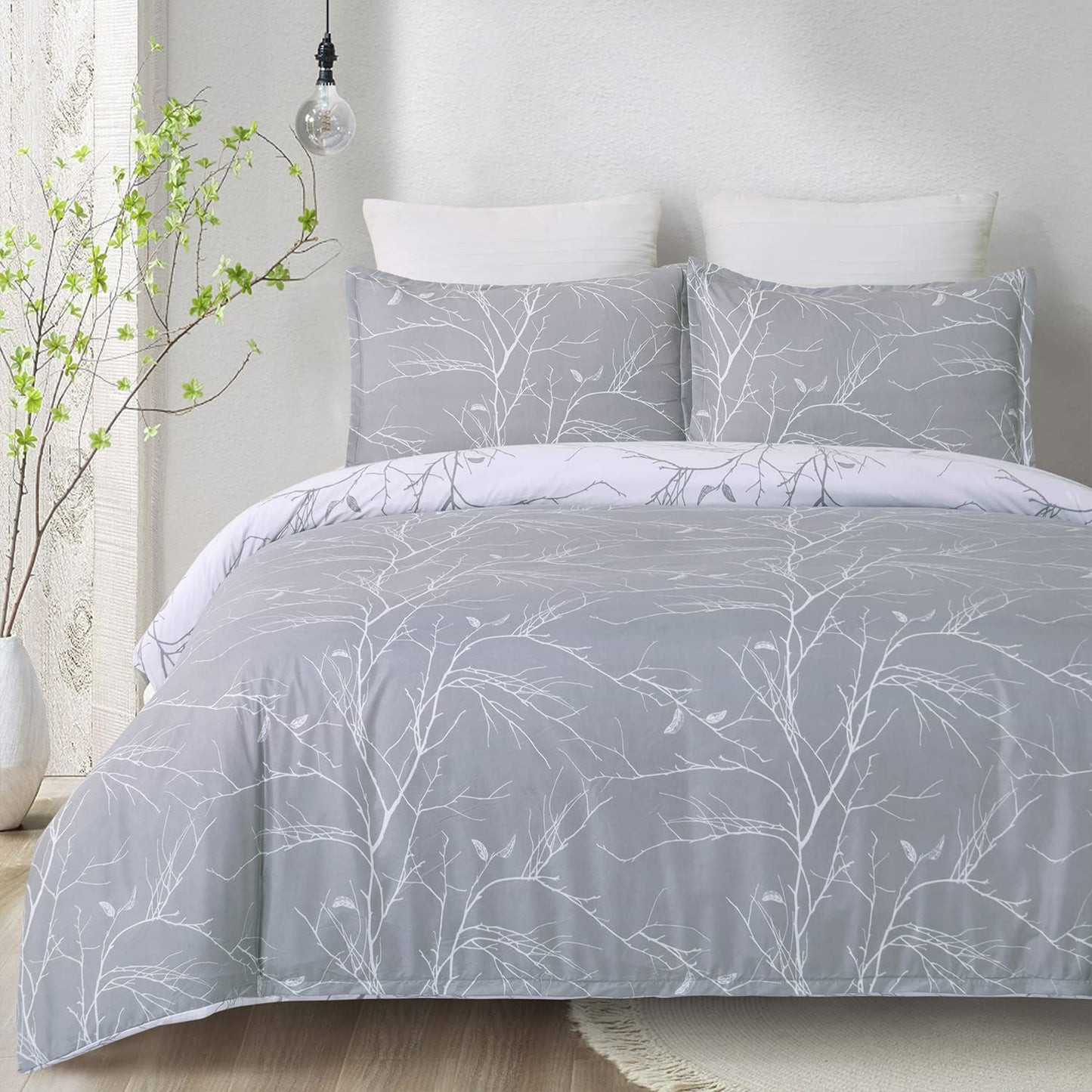 Vaulia Soft Microfiber Duvet Cover Sets, Branches Floral Theme, King Size Gray Color Design 3-Piece Set (1 Duvet Cover 2 Pillow Shams)