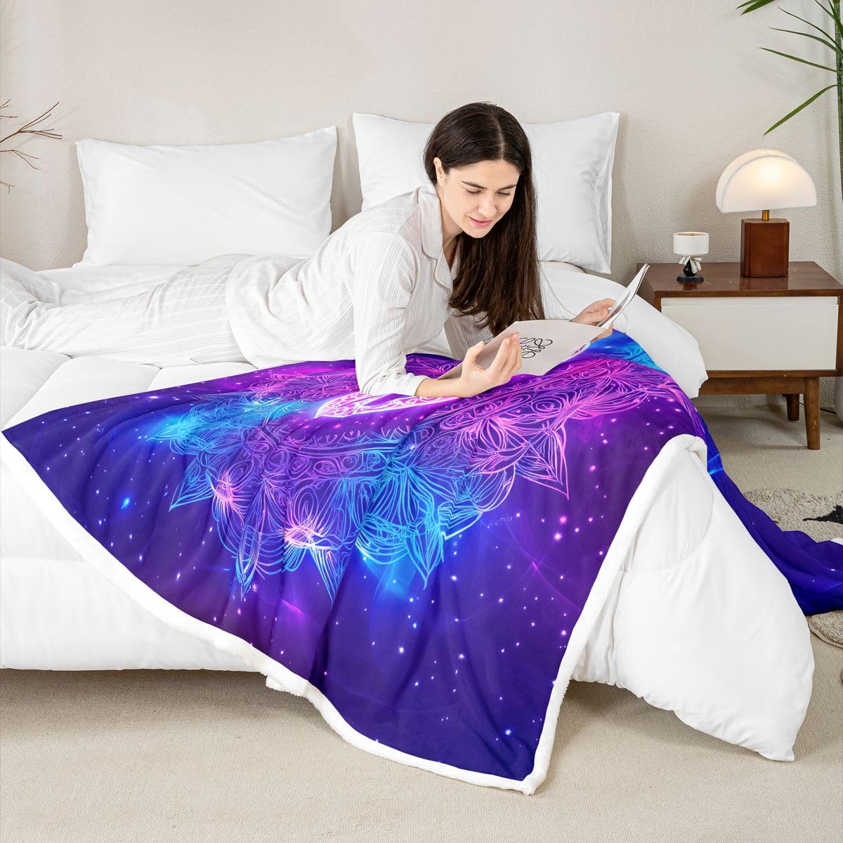 Feelyou Boho Mandala Fuzzy Blanket Bohemian Style Sherpa Blanket Hippie Peace Art Fleece Blanket for Chair Sofa Couch Peace Sign Artwork Plush Throw Blanket Blue Purple Room Decor Throw 50"x60"
