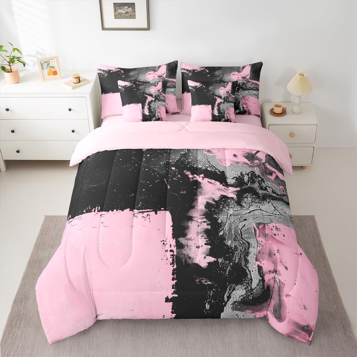 Feelyou Abstract Comforter Set King Size 7 Pieces Modern Abstract Art Bedding Set Luxury Bed in a Bag with Comforter, Sheets, Pillowcases, Cushion Covers Geometric Bedroom Decor Pink Balck