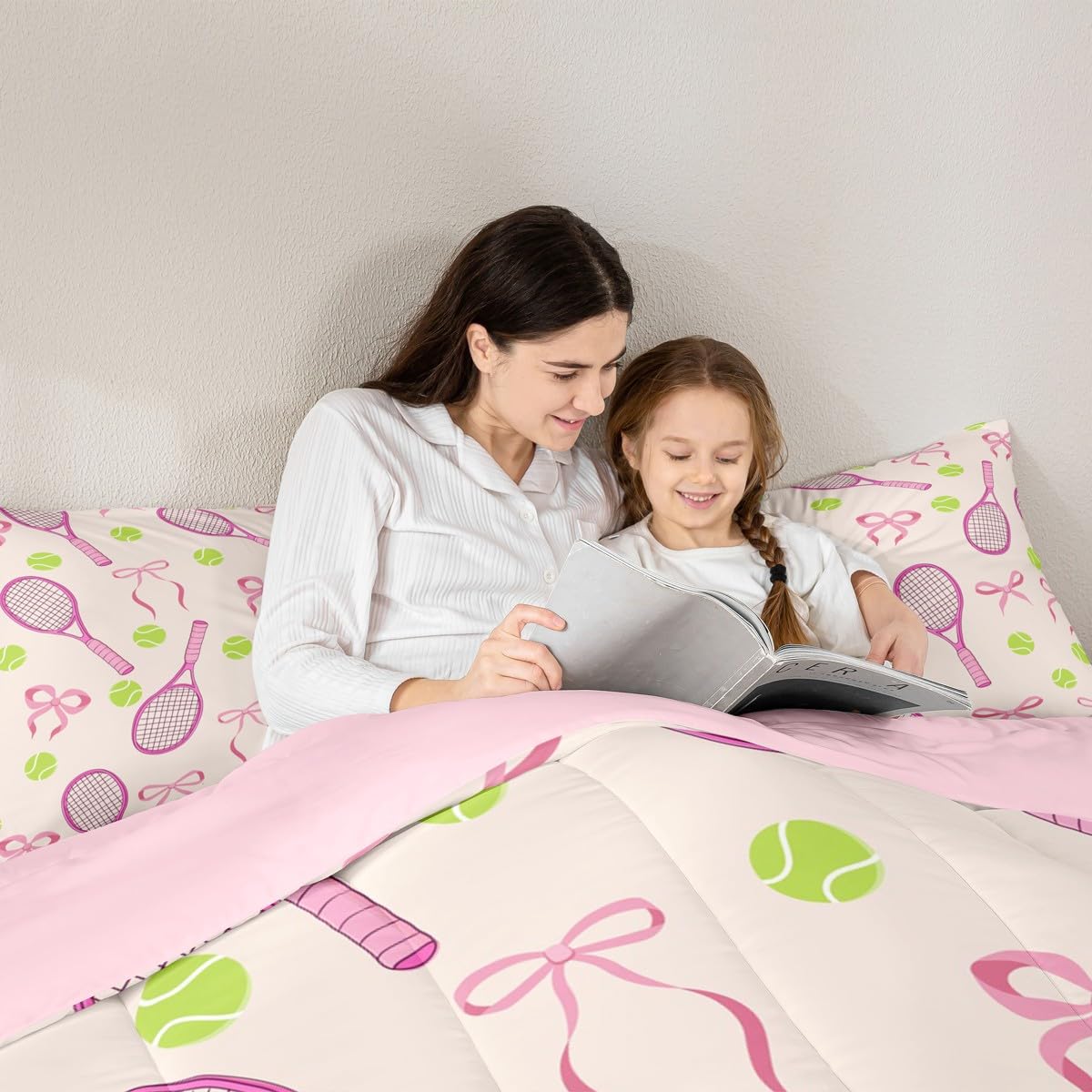 Tennis Kids Full Comforter Sets,Girls Sport Cute Bowknot Reversible Bedding Set for Boys Teens,Outdoor Sport Ball Game Quilt Set 3 PCS,Pink Yellow Cute Princess Duvet Insert,2 Pillow Cases