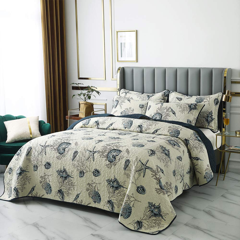 Brandream Queen Size Blue Ocean Quilted Comforter Set Nautical Bedding Set 100% Cotton Bedspread Coverlet Set 3-Piece