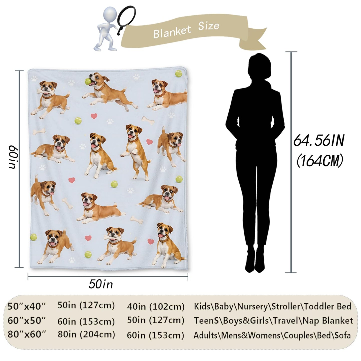Ti Caldi Cute Boxer Dog Blanket Gifts, Funny Puppy Flannel Throw Blanket for Couch, Bed, Travel & Decor, Cozy Lightweight Warm Blankets for Women Kids Teens Pet Lovers 60×50 in