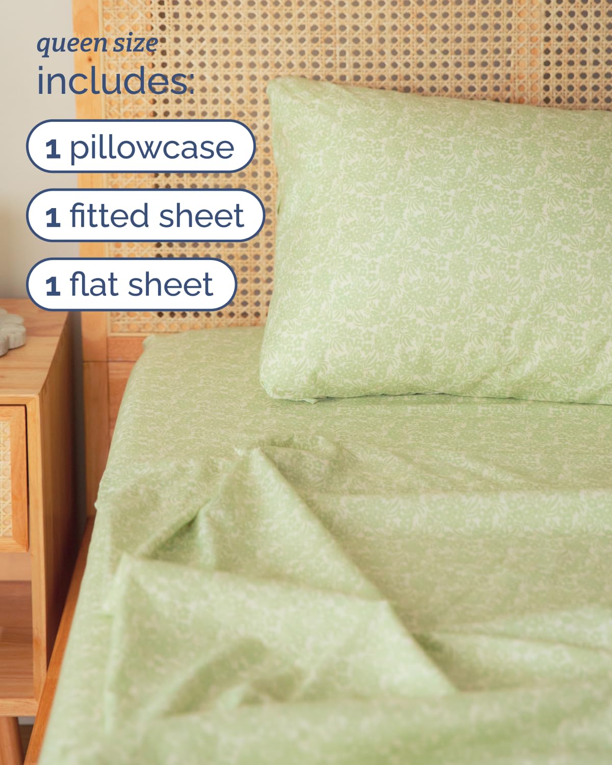 Floral Sheets - Green Flower Bed Sheet Set - 1 Flat, 1 Fitted & 2 Pillowcases w/ Deep Pockets - Comfy, Cozy, Wrinkle & Fade Free - Boho Botanical Bedding - Soft, Breathable & Cooling - Queen Size Set