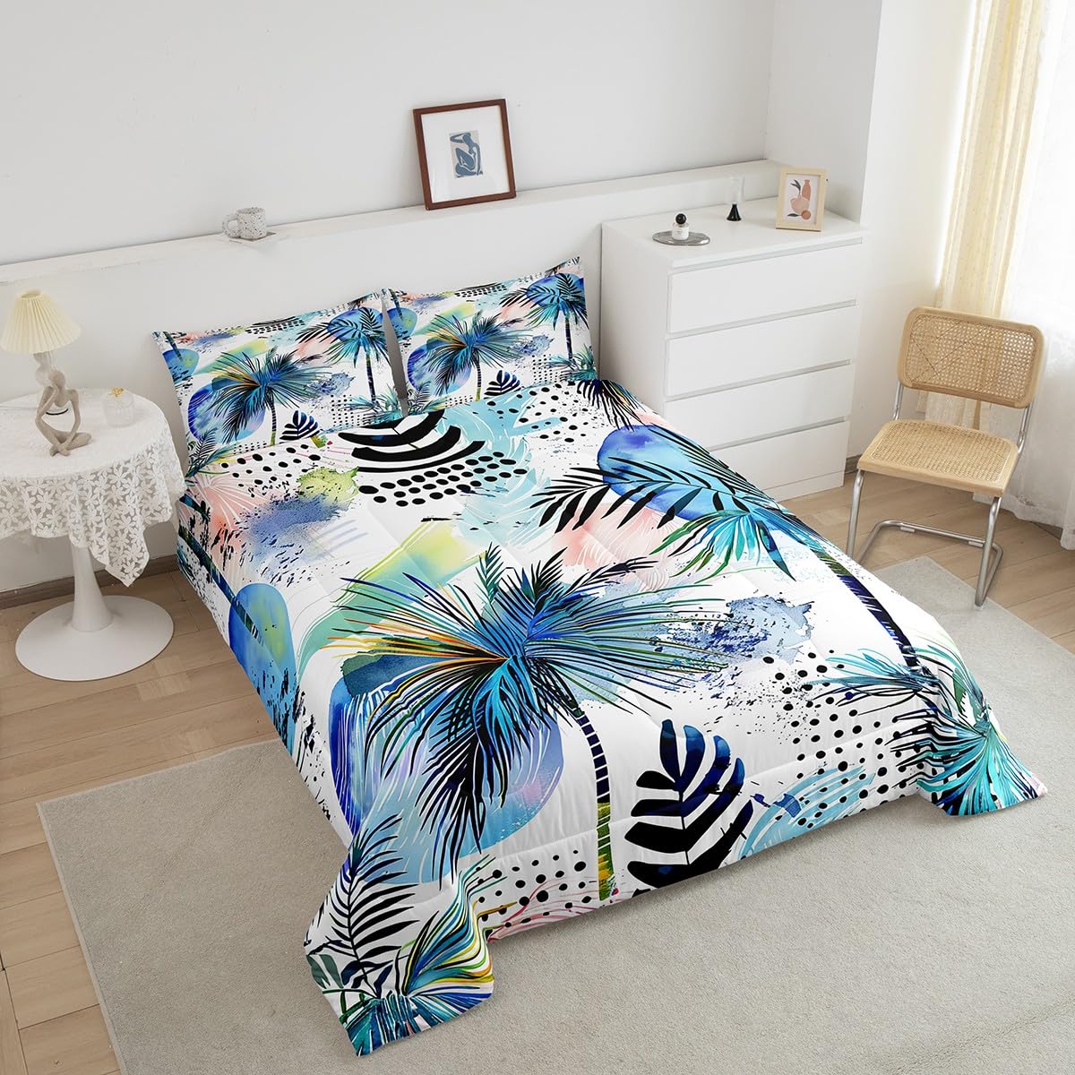 Manfei Kids Tropical Comforter Set Twin Size Palm Tree and Leaves Print Bedding Set 2pcs for Boys Teens Room Decor, Sea Beach Theme Quilt Set Modern Fashion Duvet Set with 1 Pillowcase