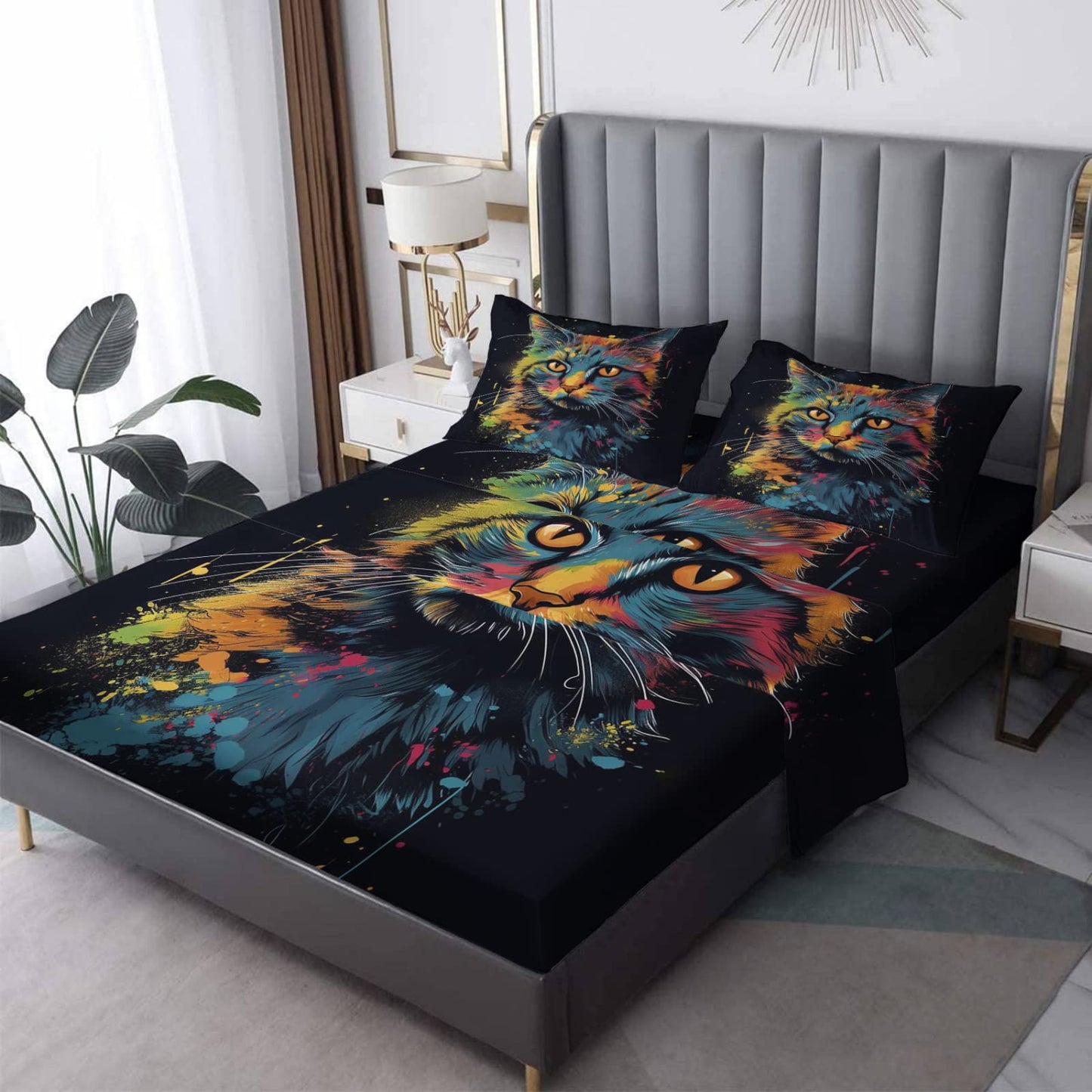 zcwl Queen Sheets Set, Cat Bed Sheets - Microfiber Bedding Sheets & Pillowcases 4 Piece, Animal Colorful Patterned Sheet Set, 16 Inch Deep Pocket Fitted Sheet, Silky Soft Wrinkle Free