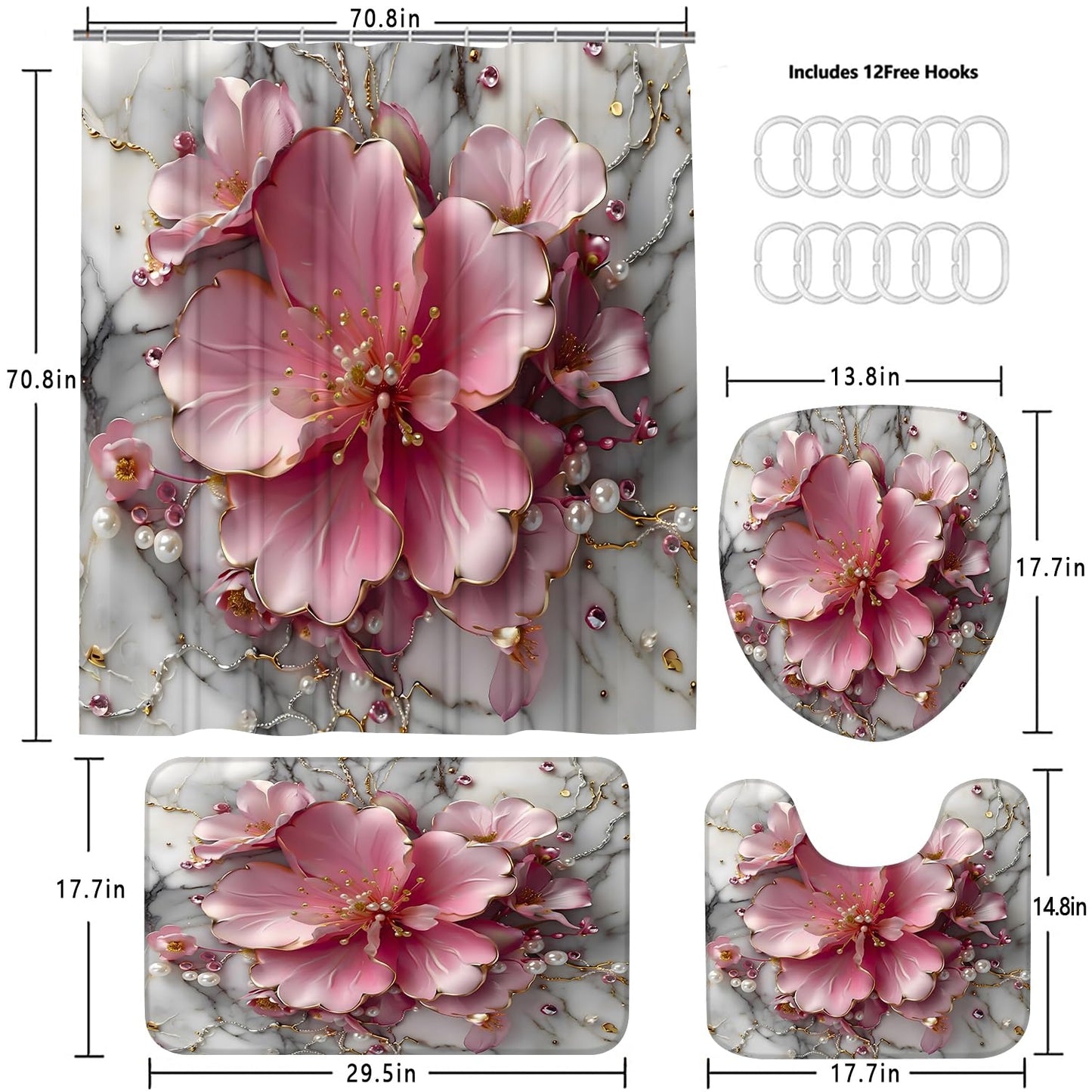 AZHM 4Pcs Pink 3D Floral Bathroom Shower Curtain Set Modern Marble Shower Curtain and Rugs Spring Flower Bathroom Set with Accessories and 12 Hooks