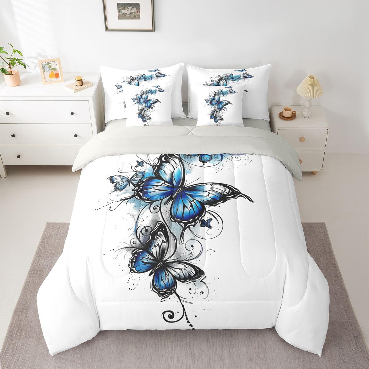 Erosebridal Stained Glass 7 Piece Bedding Set Twin Watercolor Blue Butterfly Comforter Set with Sheets Fresh Floral Lines Bed in a Bag Rococo Scroll Bed Sets Comforter