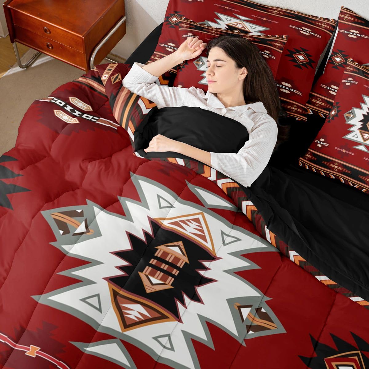 Erosebridal Western Comforter Set 7-Piece Bed in a Bag Twin | Southwest Native Geometric Bedding Sets Exotic Nordic Style Aztec Comforter and Sheet Set, Sriped Diamond Triangle Room Decor,Red