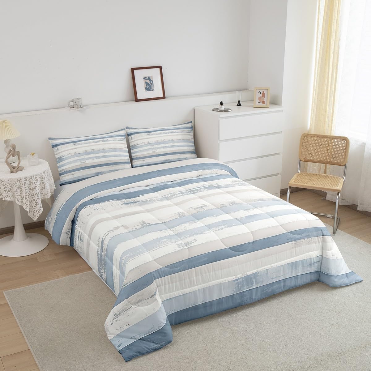 jejeloiu Abstract Blue Comforter Set Twin Size Modern White Grey Striped Bedding Set for Kids Boys Girls Decor Geometric Simple Neutral Duvet Quilt Soft Microfiber Bedroom Decor,with 1 Pillow Case