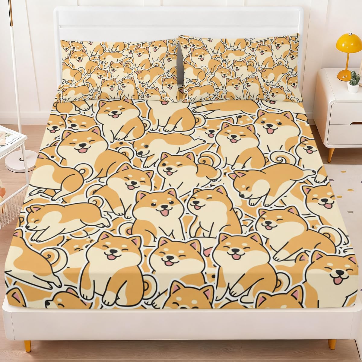 ARIGHTEX Shiba Inu Fitted Sheet Set Twin Size, 3 Pieces Cute Dog Pattern Microfiber Bedding for Pet Lovers Bedroom Decor, Soft Breathable Deep Pocket Bed Sheet Set