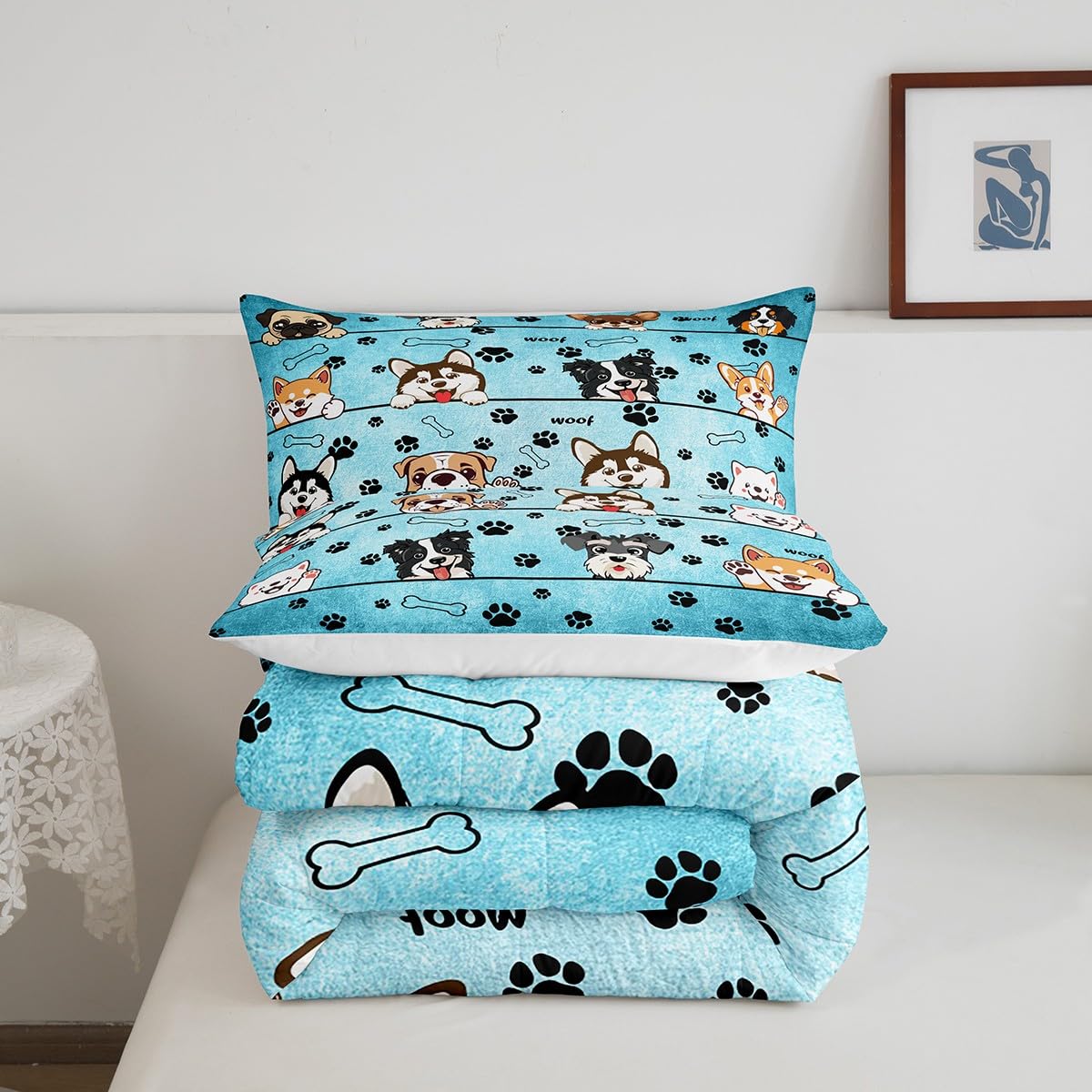 Manfei Cute Dog Comforter Set for Kids Room Decor Cartoon Puppy Pet Animals Bedding Comforter Twin Size Black Paw Print Blue Soft Polyester Quilt Set with 1 Pillowcase
