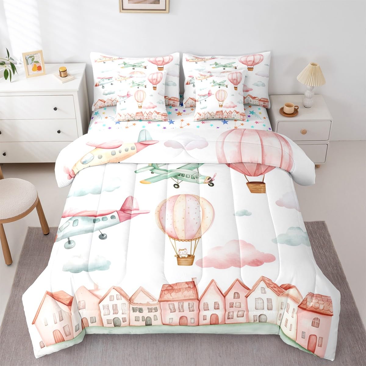 Erosebridal Cartoon Airplane Twin 7 Pcs Bedding Set, Pink Aircraft Comforter Set with Sheets for Girls Kids Youth Women Bedroom, Cute Cat Pink Hot Air Balloon Bed in A Bag, Colorful Cloud Bed Sets